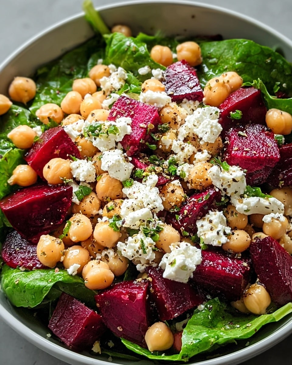 A white bowl filled with a three-layer salad starting with a base of fresh, dark green leafy spinach at the bottom. On top of the spinach are round, light orange chickpeas spread evenly, mixed with bright red cubes of beetroot. Scattered over these are small chunks of white feta cheese sprinkled with black pepper and finely chopped green herbs, adding texture and color contrast. The salad looks fresh and lightly dressed, with a glossy finish on the chickpeas and beetroot. The background is a white marbled surface. photo taken with an iphone --ar 4:5 --v 7