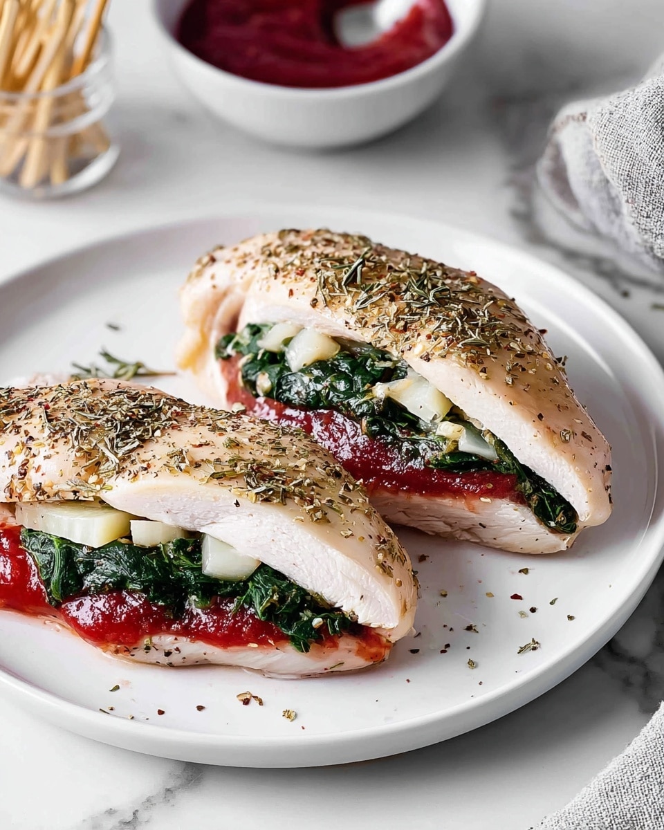 Two raw chicken breasts are placed on a white plate, each sliced open to make a pocket for the filling. The filling inside has three visible layers: a bottom layer of bright red sauce, a middle layer of cooked chopped green spinach with small pieces of onion, and a top layer of pale white cheese slices. The chicken is lightly seasoned with black pepper and dried herbs scattered over the top. In the background, a white bowl with more red sauce and some toothpicks are placed on a white marbled surface. Photo taken with an iphone --ar 4:5 --v 7