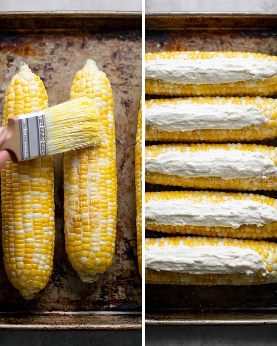 The image shows two side-by-side close-up views of corn on the cob arranged on a metal tray. On the left, four ears of corn with bright yellow and white kernels have a light spread of butter being brushed over them with a paintbrush, held by a woman's hand. On the right, the four ears of corn are fully covered with a thick layer of white creamy sauce, evenly spread along their length. The metal tray has a rustic look with dark and worn spots showing, while the corn's yellow kernels contrast with the white creamy texture on top. photo taken with an iphone --ar 4:5 --v 7
