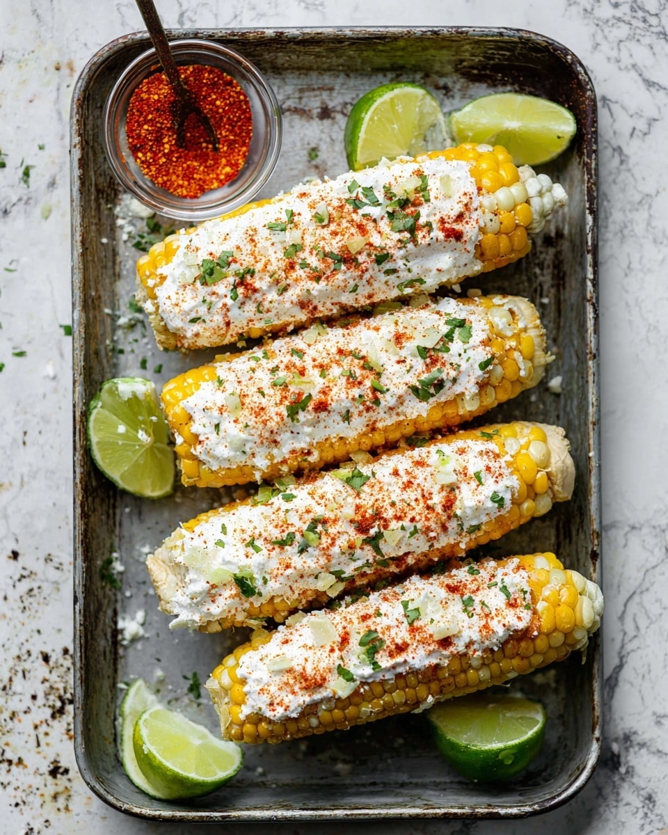 The image shows four corn cobs placed side by side on a metal tray with a rustic texture. Each corn cob has three layers: the bottom layer is yellow corn kernels; the middle layer is a thick white creamy spread; the top layer is sprinkled with reddish-orange spices and small green herb pieces. Around the corn, there are lime wedges with a pale green interior and a small glass bowl filled with bright red spice. The background surface is a white marbled texture. photo taken with an iphone --ar 4:5 --v 7