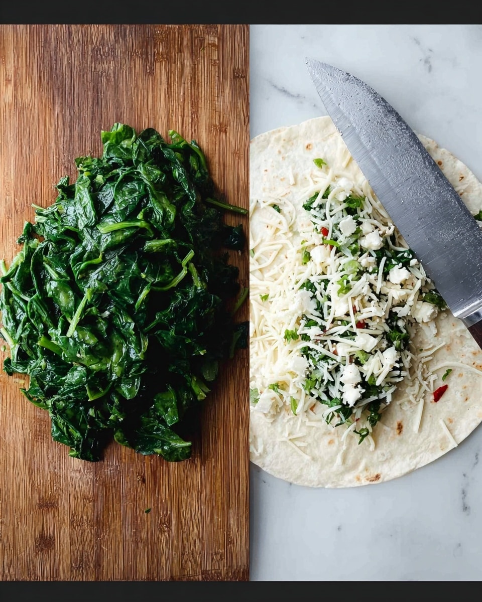 The first image shows a pile of cooked chopped spinach placed on a wooden cutting board. A large knife with a silver blade and handle rests diagonally on the right side of the spinach, partially touching it. The spinach is bright green and looks soft with a moist texture. The second image shows a white tortilla opened flat on a white marbled surface. On the right half of the tortilla, there is a layer of dark green cooked spinach topped with shredded white cheese and small white crumbled cheese pieces, some green herbs, and a few red chili flakes. Both images have a simple, clean look with natural lighting. photo taken with an iphone --ar 4:5 --v 7