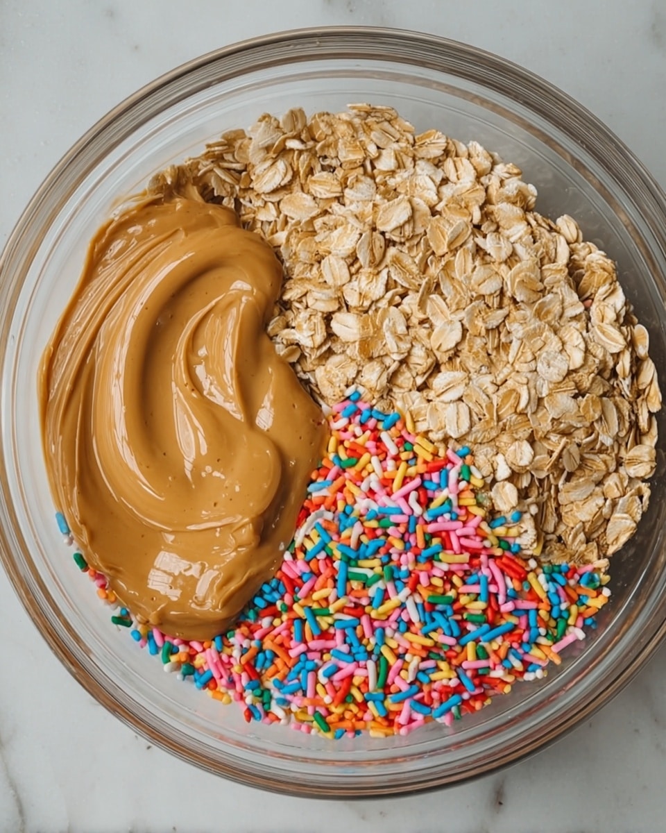 A clear glass bowl shows three distinct sections inside: a smooth, shiny light brown peanut butter on the left, light tan rolled oats with a rough texture taking the upper right part, and a colorful mix of rainbow sprinkles in the bottom right corner. The bowl sits on a white marbled surface. The photo taken with an iphone --ar 4:5 --v 7