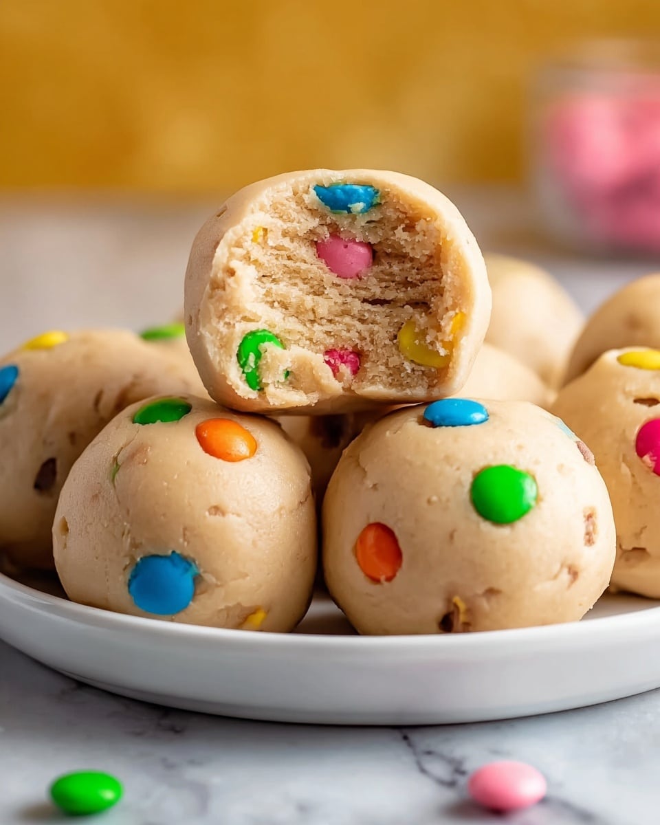 The image shows round cookie dough balls placed on a white plate. Each ball is beige with a smooth texture and decorated with small colorful candy pieces in green, blue, orange, pink, and yellow scattered on their surface. One ball is stacked on another and has a bite taken out of it, showing a soft, dense inside with visible colorful candies embedded within. The background is softly blurred with warm yellow and pink tones, and the plate sits on a white marbled surface. photo taken with an iphone --ar 4:5 --v 7