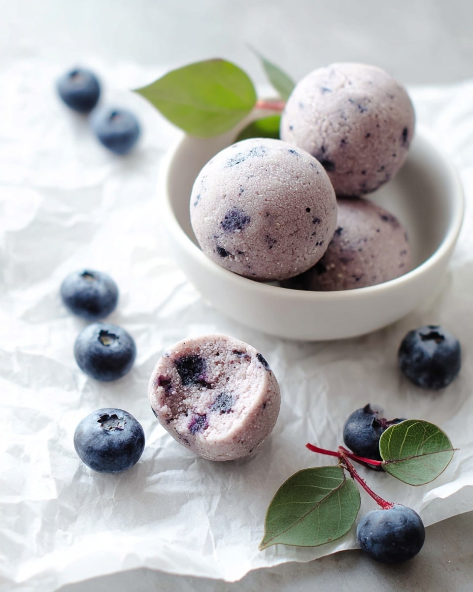 The image shows three round blueberry snack balls with a light purple color and small dark blueberry specks inside. Two of the balls are placed in a shallow white bowl, one whole and one with a small bite revealing a soft, crumbly texture inside. Around them are several fresh blueberries and a small green leaf with a reddish stem. More blueberry balls and blueberries are scattered on wrinkled white paper, which sits on a white marbled surface. The overall look is clean, fresh, and softly lit. photo taken with an iphone --ar 4:5 --v 7