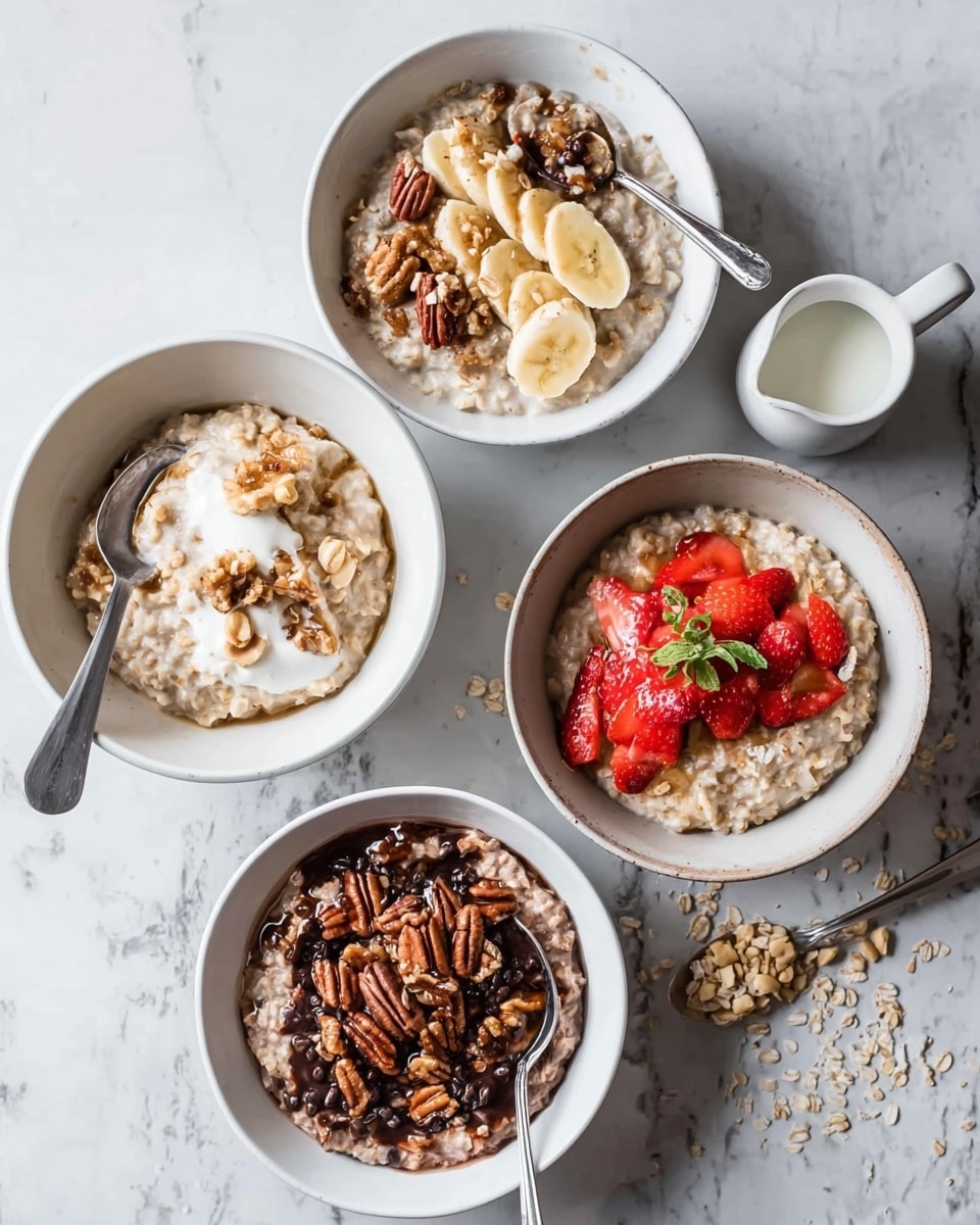 The image shows four bowls of oatmeal on a white marbled surface with some oats scattered around. The top left bowl is white and filled with oatmeal topped with sliced bananas, walnuts, and a dollop of white cream. The top right bowl is also white, containing oatmeal with bright red chopped strawberries and a sprig of green herbs on top, with a spoon inside the bowl and a small white pitcher of milk beside it. The bottom left bowl is white as well, filled with oatmeal topped with pecans and a dark syrup drizzle, with a spoon inside. The bottom right bowl is white, filled with chocolate oatmeal topped with peanut butter, chocolate chips, and chopped peanuts, with a spoon inside. The lighting is bright and natural. Photo taken with an iphone --ar 4:5 --v 7