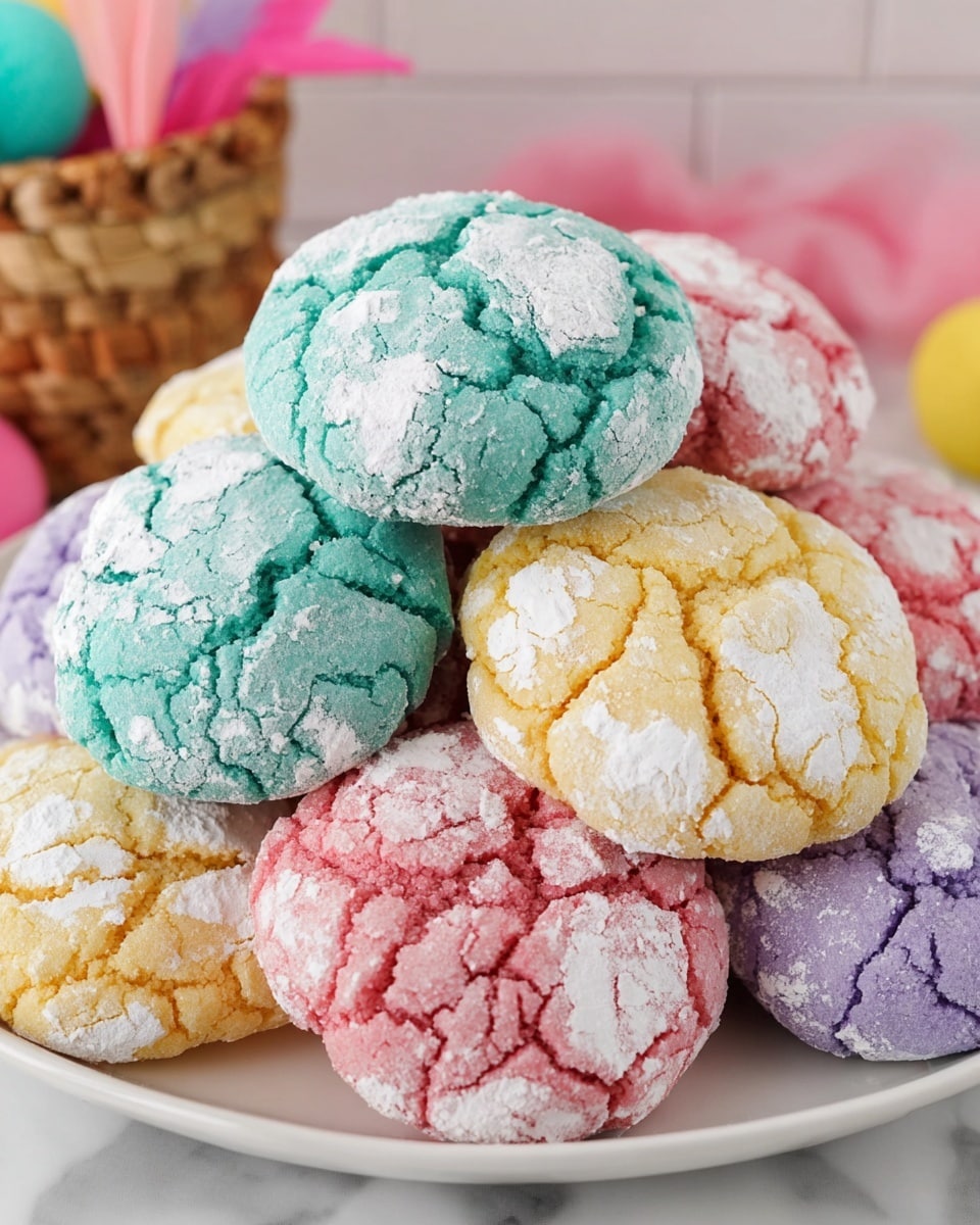 A white plate holds a pile of round crinkle cookies with a cracked look, each cookie showing a thick layer of powdered sugar dusted unevenly on top. The cookies come in bright colors with three main hues: blue-green, pastel pink, soft yellow, and light purple. The surface of each cookie looks soft with a slightly rough texture under the cracked white sugar layer. The cookies are stacked in a casual way, showing parts of each color clearly from the front. The background shows a white marbled texture and a small woven basket with pink accents on the side. The scene is bright and colorful, inviting, and vibrant, photo taken with an iphone --ar 4:5 --v 7