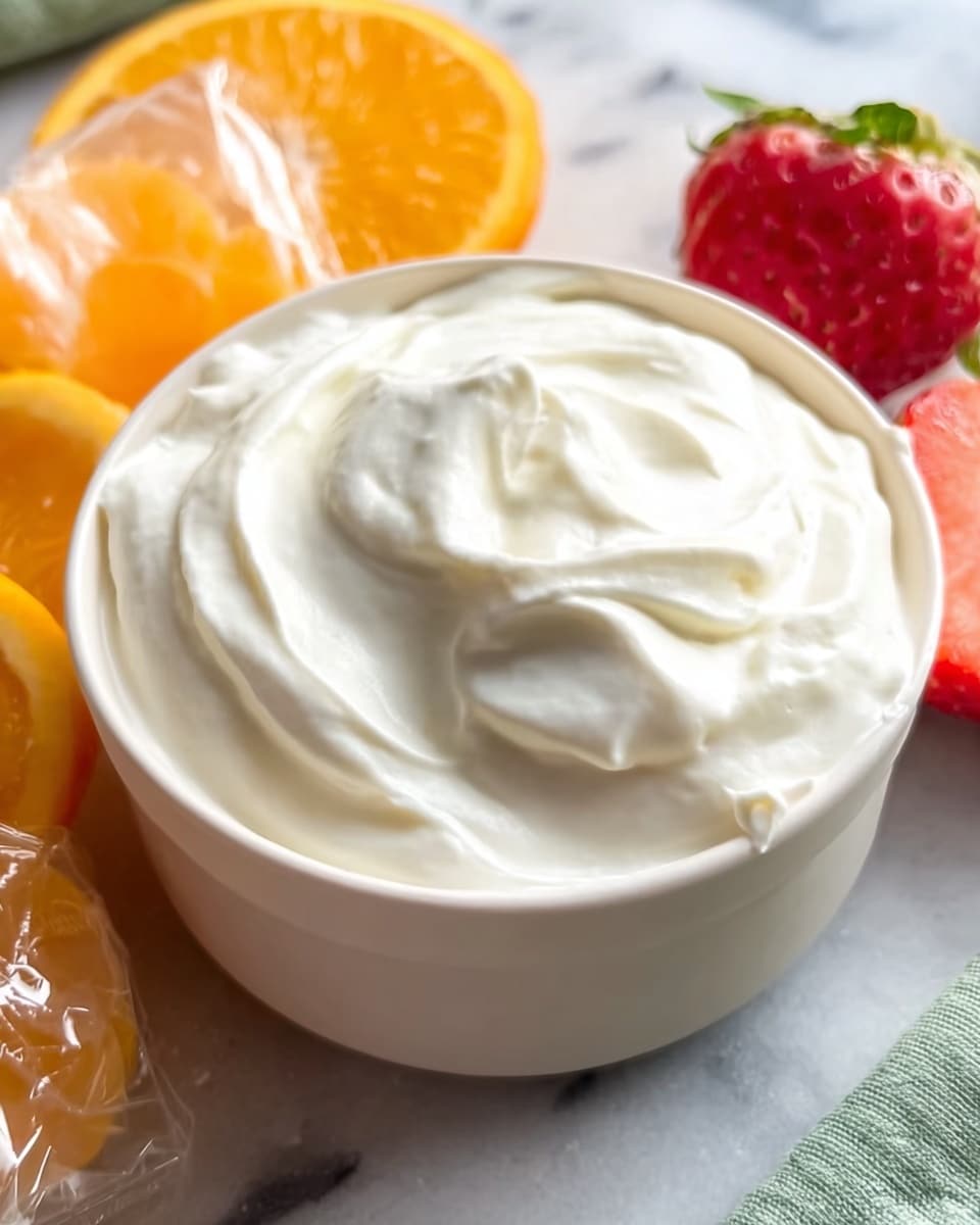 A close-up view of a small white bowl filled with a thick, creamy, white whipped topping that has soft, smooth peaks and swirls on its surface. Around the bowl are pieces of fresh fruit, including a bright orange slice wrapped in plastic on the left and a fresh red strawberry slice on the right, all placed on a white marbled surface. Photo taken with an iphone --ar 4:5 --v 7