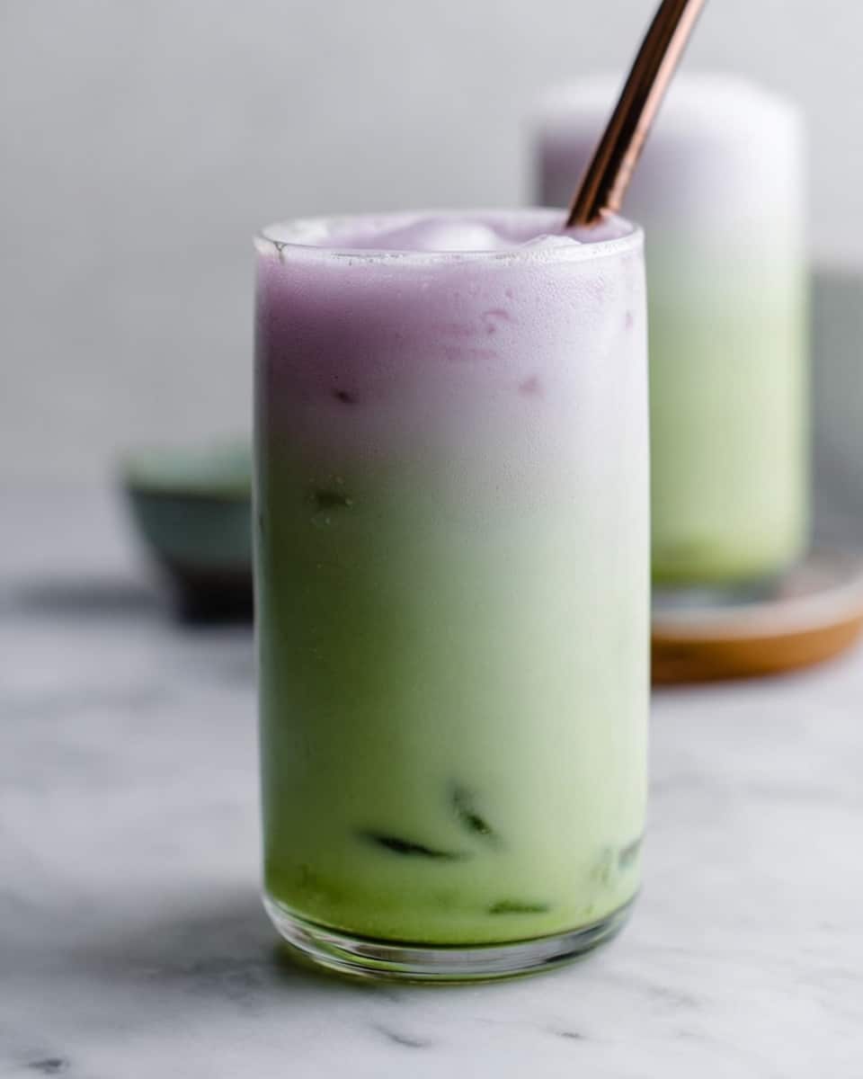 The image shows a clear glass filled with a two-layered drink placed on a white marbled surface. The bottom layer takes up most of the glass and is a smooth, light green color with a few dark ice pieces visible inside. The top layer is a thick, pale purple foam that sits evenly on top of the green layer. A metallic straw, slightly bronzed in color, is inserted into the drink, leaning slightly to the right. In the background, out of focus, there is another similar glass with white foam on top of the green layer. Photo taken with an iphone --ar 4:5 --v 7