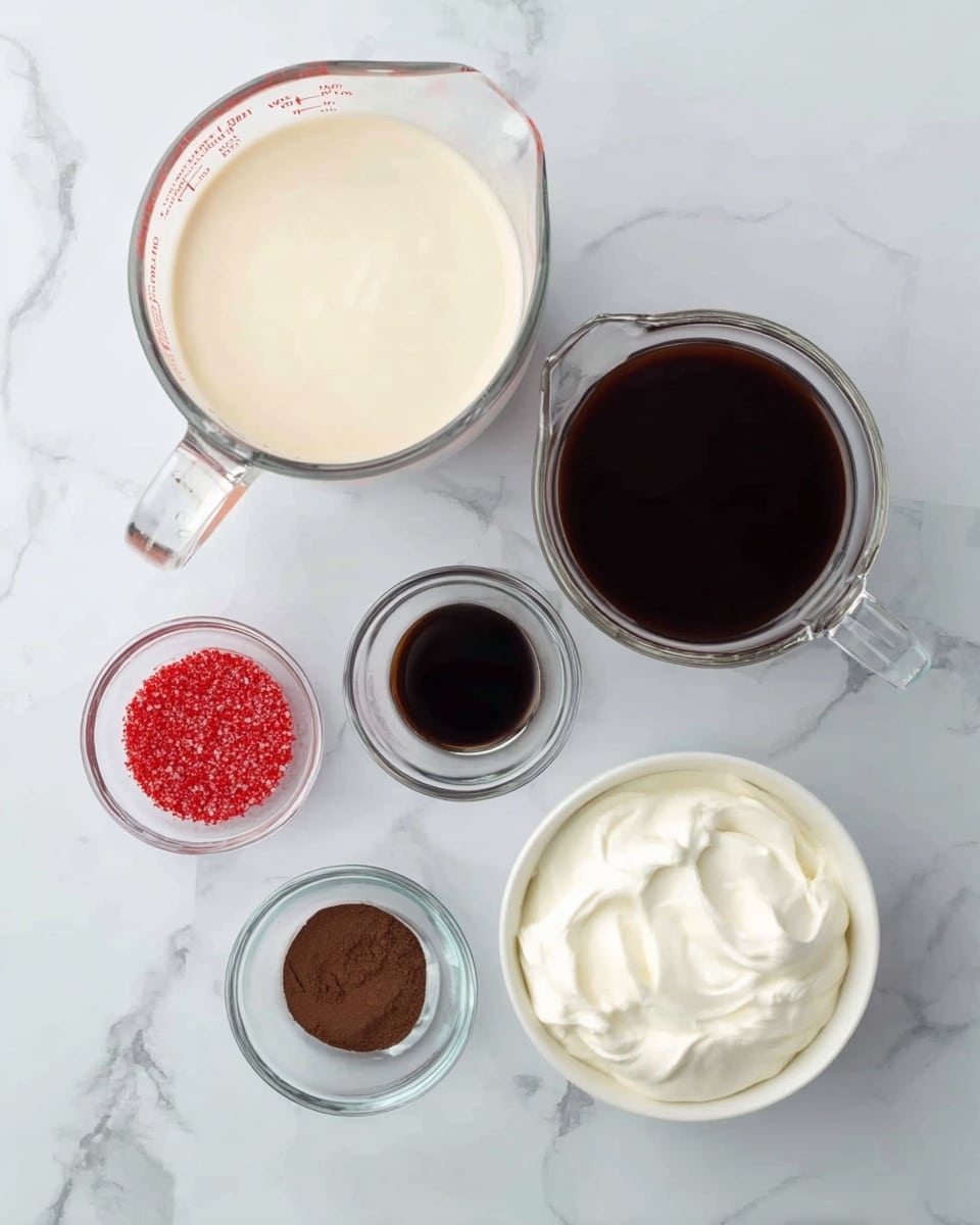 The image shows six clear glass bowls and measuring cups arranged on a white marbled surface. At the top left, there is a large clear glass measuring cup filled with thick cream, light beige in color. Below it is another large clear glass measuring cup filled with dark brown liquid, almost black. To the right of these are three small clear glass bowls in a row: one with bright red sugar-like granules, a second with a small amount of dark brown liquid, and a third with brown powder. On the far right, there is a white bowl filled with white creamy substance. Photo taken with an iphone --ar 4:5 --v 7
