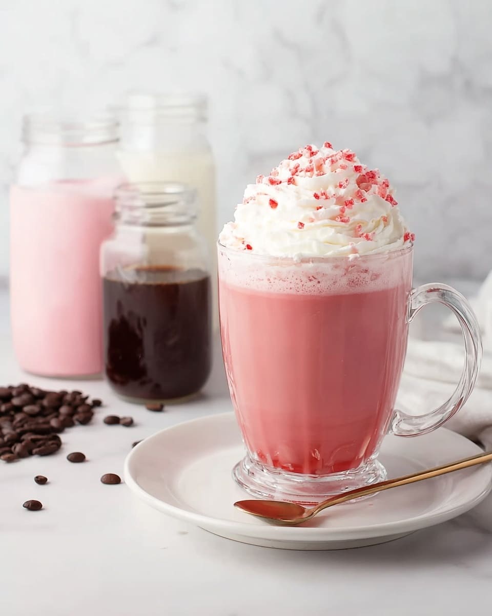 A clear glass mug filled with a smooth pink drink topped with a large swirl of white whipped cream and sprinkled with small red crumbs, placed on a white plate with a gold spoon on its right side; in the background, three clear glass jars hold pink liquid, dark brown liquid, and white milk, with coffee beans scattered on a white marbled surface. Photo taken with an iphone --ar 4:5 --v 7