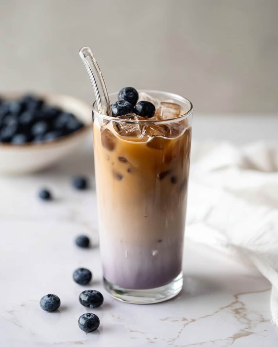 The image shows a tall clear glass filled with a layered iced drink on a white marbled surface. The bottom layer is a light purple color, smooth and opaque. Above it is a creamy light brown layer blending softly into the purple below. Clear ice cubes float in the top third of the glass, with a few dark blue blueberries resting on top. A glass straw is inserted into the drink from the top left side. Some blueberries are scattered on the marbled surface near the glass, and a white cloth is partially visible in the lower right corner. In the blurred background, a white bowl filled with blueberries sits on the same marbled surface. Photo taken with an iphone --ar 4:5 --v 7