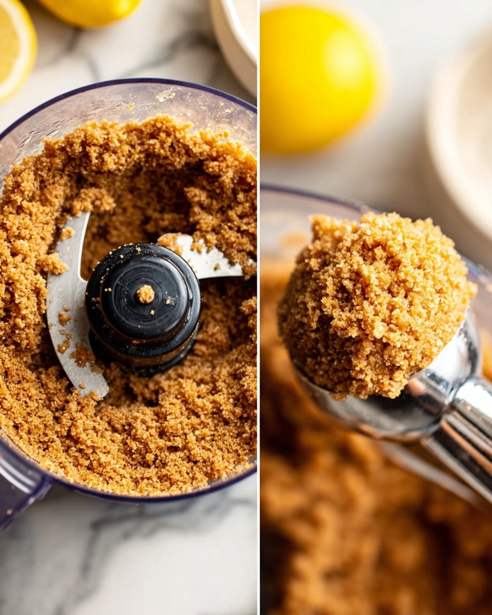 The image shows a close-up of a thick, crumbly brown mixture inside a clear food processor bowl with a black central blade component. The mixture has a coarse texture with visible small grains, and it fills most of the bowl's inner edge. On the right, a metal ice cream scooper holds a rounded scoop of the same mixture above the bowl. The background includes a blurred white bowl, a yellow lemon, and a white marbled surface. photo taken with an iphone --ar 4:5 --v 7