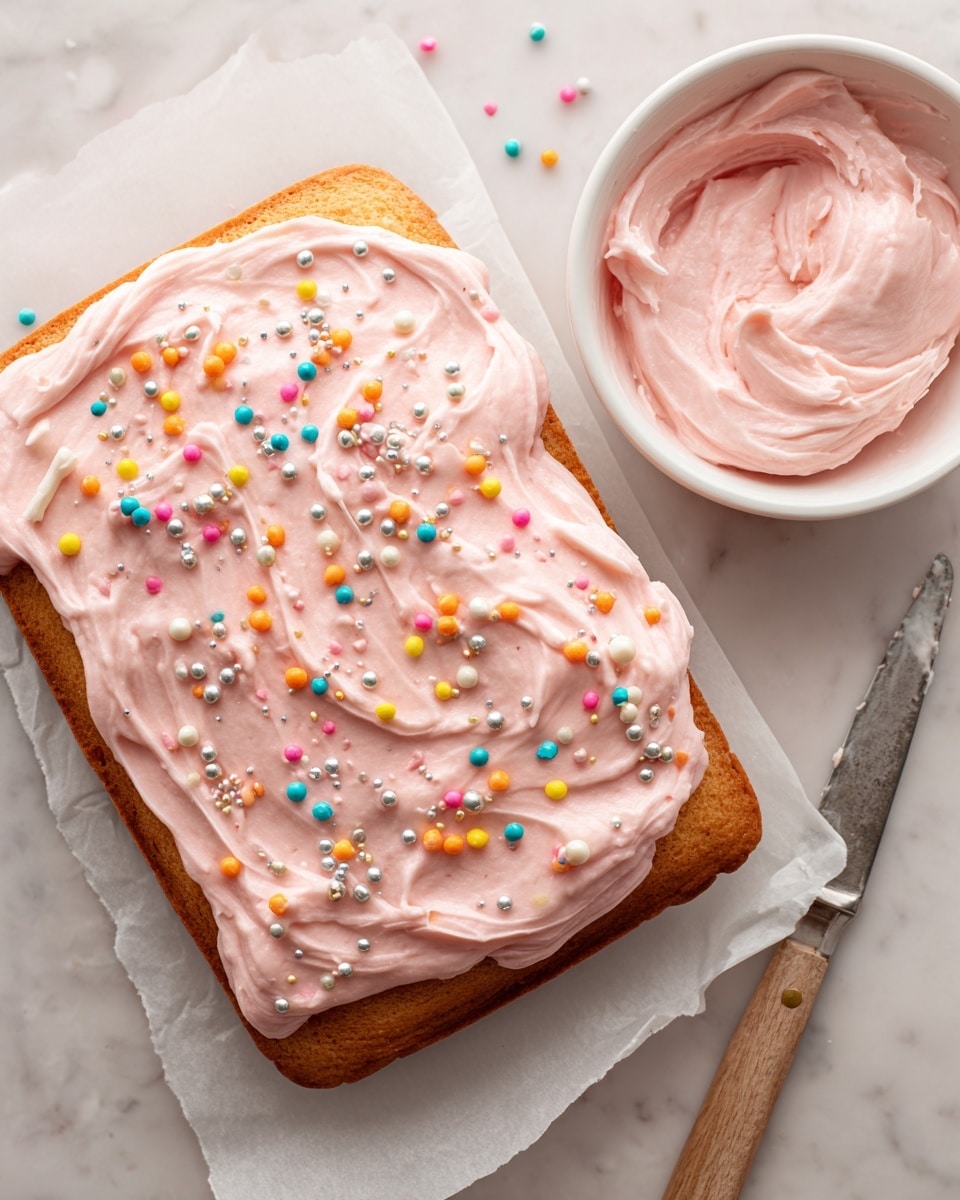 A single rectangular cake layer with a golden brown color sits on white parchment paper, covered thickly and unevenly with smooth, light pink frosting that is swirled with soft peaks and valleys. The frosting is decorated with small colorful round sprinkles in orange, yellow, blue, and white, along with larger silver spherical and rod-shaped sprinkles scattered evenly across the surface. Nearby, a white bowl holds more of the same pink frosting, and a knife with a wooden handle lies on the white marbled textured counter to the right. photo taken with an iphone --ar 4:5 --v 7