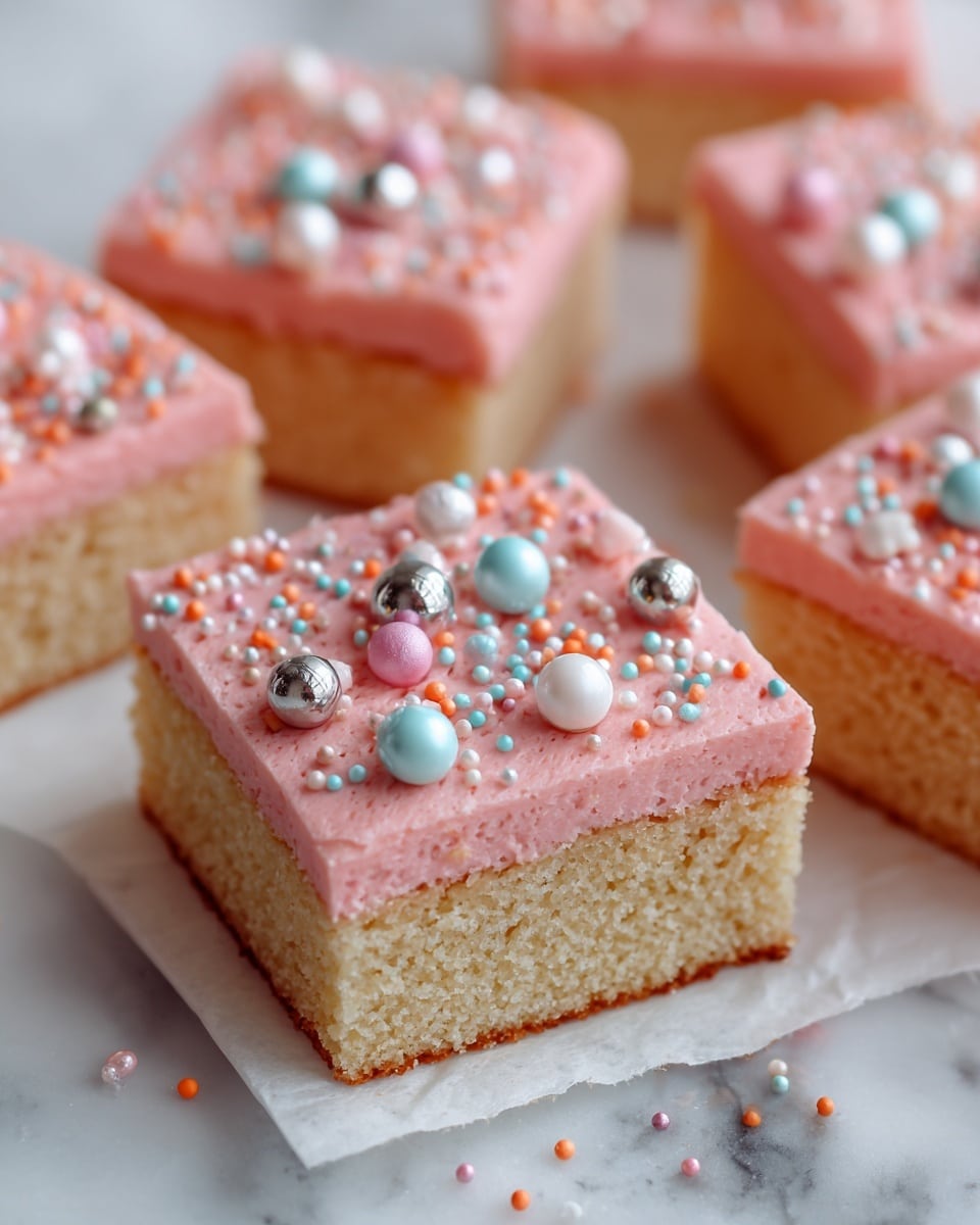 This image shows several square pieces of cake with two layers: the bottom layer is light brown cake, and the top layer is thick, smooth pink frosting with a slightly textured surface. The frosting is decorated with small round sprinkles in pastel colors like blue, pink, white, and orange, along with a few larger shiny silver balls scattered on top. The pieces are arranged closely together on white parchment paper placed on a white marbled surface. Photo taken with an iphone --ar 4:5 --v 7