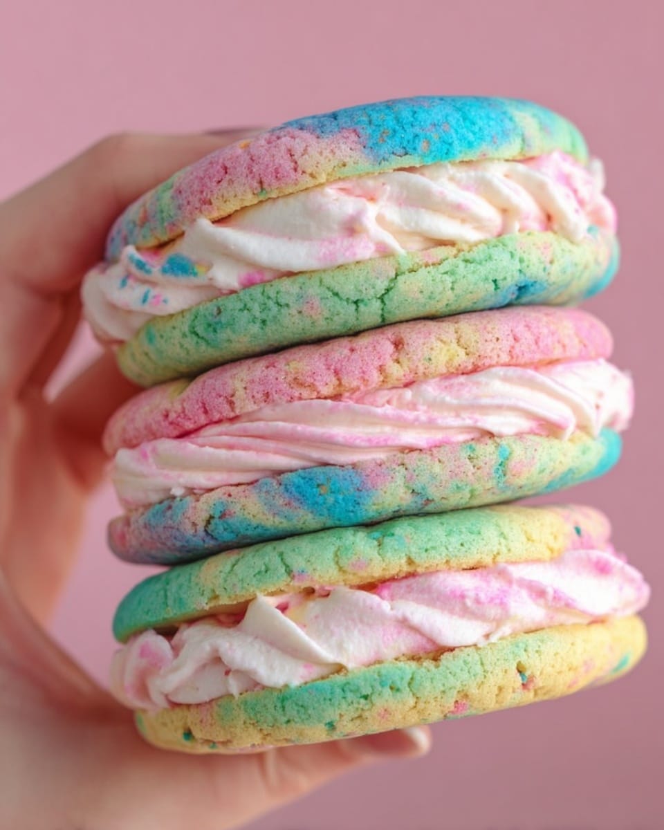 A colorful dessert with three layers of soft, round cookies that have a mix of pastel colors like blue, pink, yellow, and green. Between each cookie layer, there is a thick, smooth cream filling with swirled textures in light pink and white shades. A woman's hand is gently holding the dessert against a soft pink background. The colors are bright, and the cookie texture appears slightly bumpy with visible color spots. The photo taken with an iphone --ar 4:5 --v 7