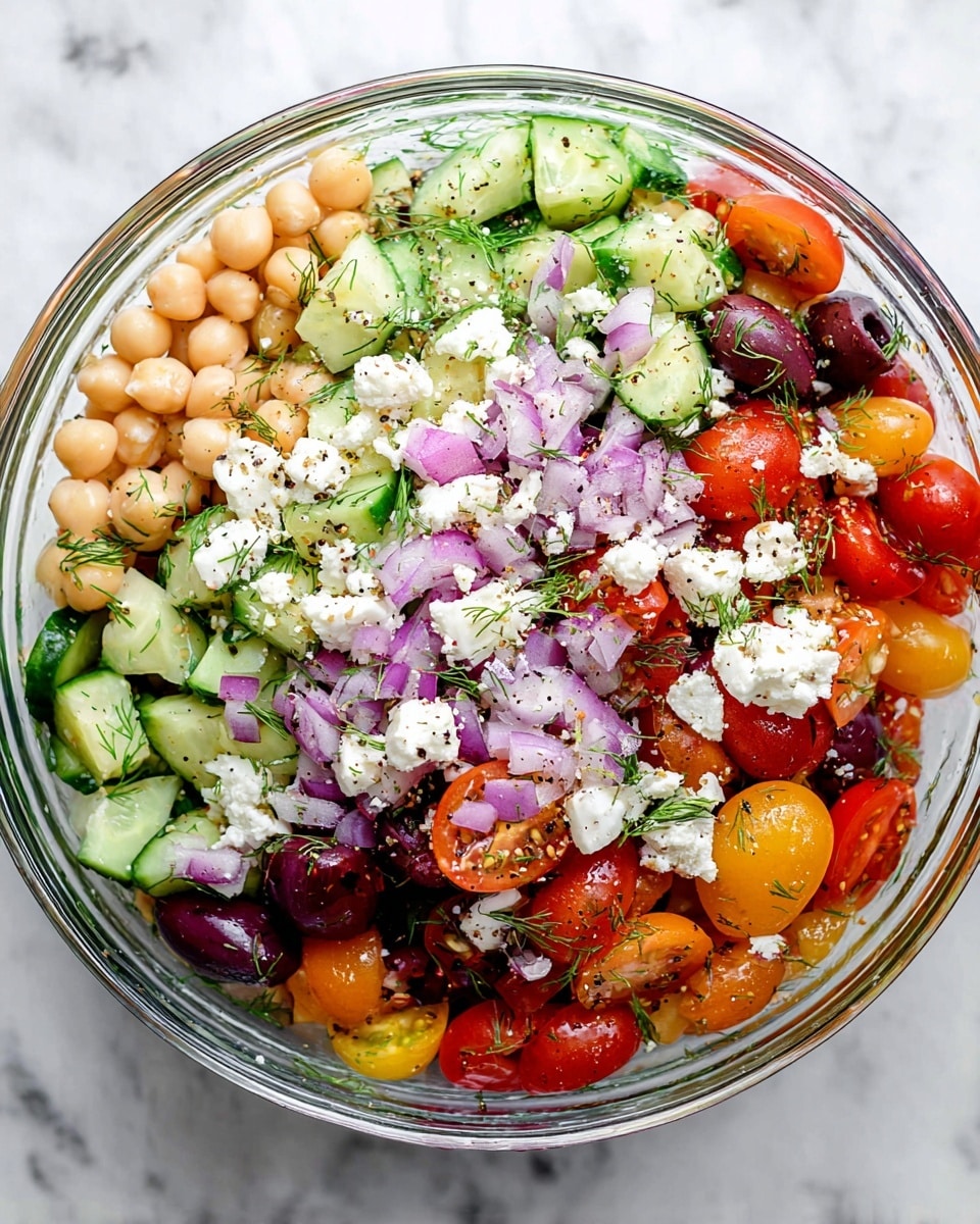 The image shows a clear glass bowl filled with a colorful, fresh salad. The salad has several layers: the bottom layer is made of white chickpeas, the middle layer is a mix of sliced green cucumbers and halved red and orange cherry tomatoes, and the top layer contains crumbled white cheese and thin slices of purple-red onion. There are also black olive slices scattered throughout. Small green herb sprigs, likely dill, are sprinkled on top along with a light coating of black pepper. The bowl is placed on a white marbled surface. Photo taken with an iphone --ar 4:5 --v 7