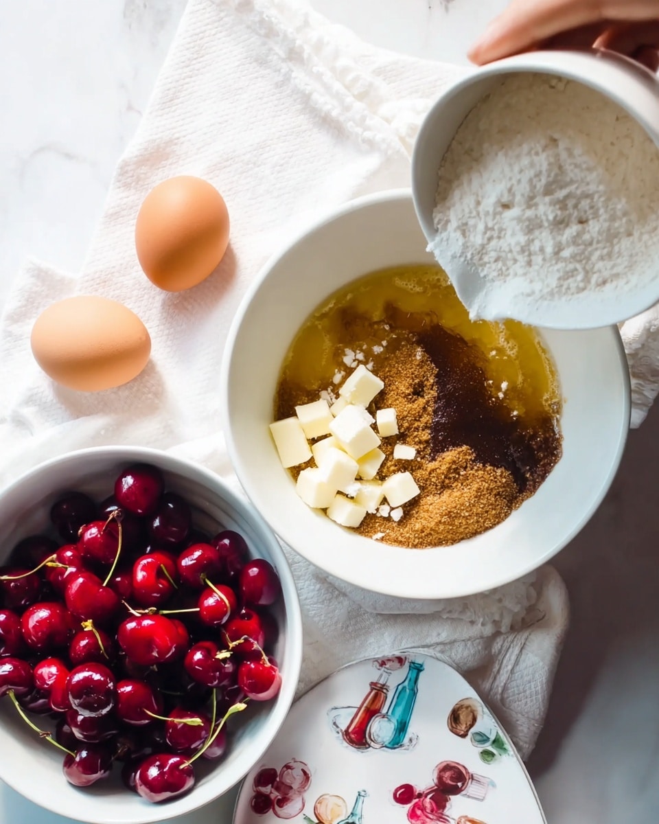 The image shows four bowls arranged on a white marbled surface with a white cloth underneath. The largest white bowl at the top right contains layers of ingredients: melted butter with a golden-brown color, dark brown sugar, and small white butter chunks on top. A woman's hand is pouring a white powder mixture from another large white bowl held above the scene. To the left of the butter bowl, two brown eggs rest on a napkin with small colorful bottle illustrations. At the bottom left, there is a white bowl filled with deep red cherries, some whole and some pitted, showing their bright red inner flesh. The overall scene is bright and well-lit, with a clean and inviting setup for baking. photo taken with an iphone --ar 4:5 --v 7