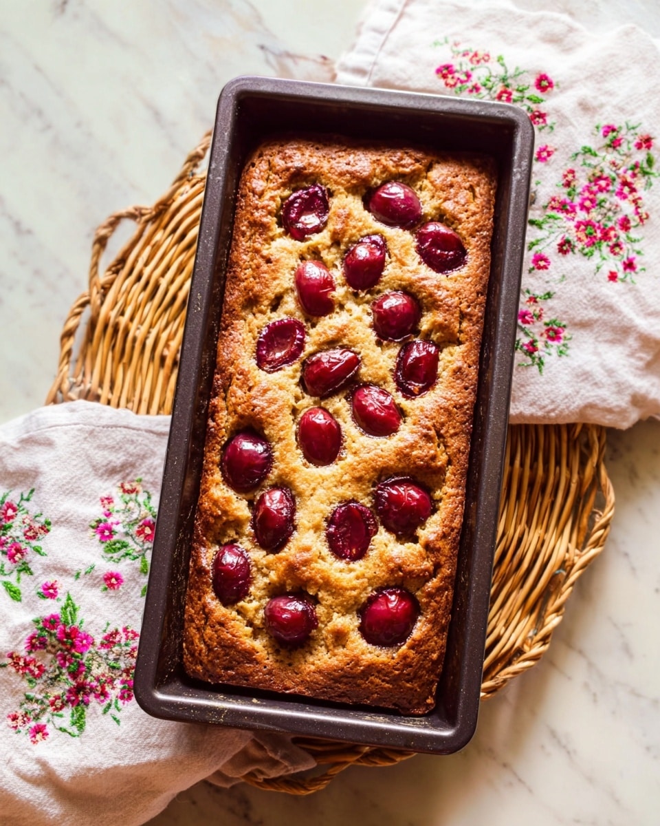 The image shows a rectangular baked cake in a dark baking pan, placed on a light brown wicker trivet over a white marbled surface with a floral-embroidered cloth partially visible. The cake has a golden-brown crust with a slightly rough texture. Scattered evenly across the top are halved red plums, adding spots of deep red and a glossy, juicy appearance that contrasts with the warm cake color. Photo taken with an iphone --ar 4:5 --v 7