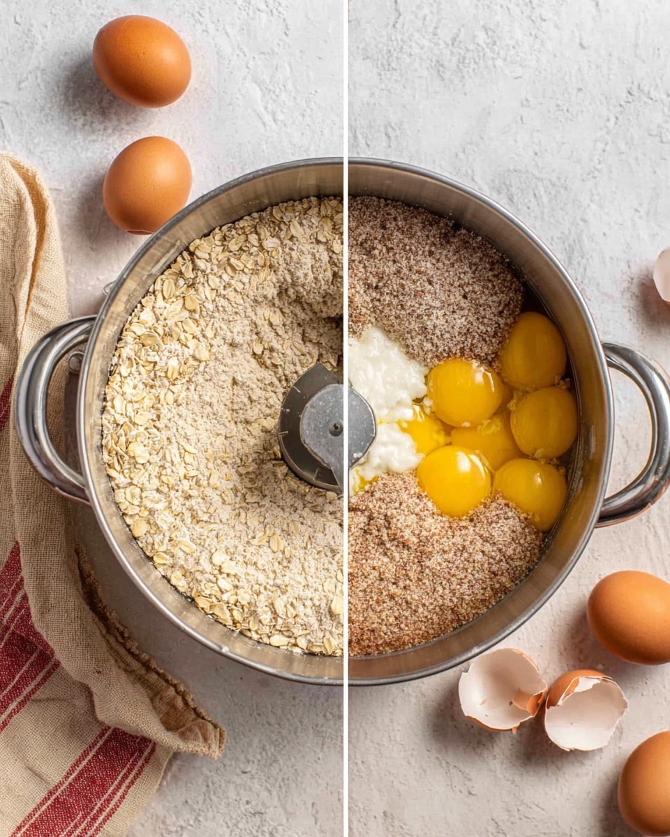 The image is split into two parts, each showing a round metal mixing bowl with two short handles on a white marbled surface. On the left side, the bowl holds a layer of ground oats, light tan in color with a rough texture, filling the bowl about halfway. The blade of a food processor is visible inside the bowl, resting on top of the oats. On the right side, the same bowl contains multiple layers: a base layer of light brown ground oats, a cluster of bright yellow raw egg yolks with clear egg whites surrounding them, and a dollop of white cottage cheese near the center. Around the bowl lie a few whole brown eggs and broken eggshells, with a striped towel in beige and red colors nearby. Photo taken with an iphone --ar 4:5 --v 7