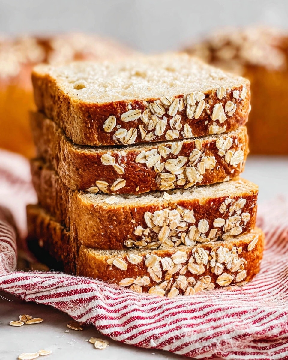 A stack of five thick slices of oat bread is shown closely, each slice featuring a golden-brown crust with visible rolled oats embedded in it, contrasting with the light, soft interior that shows a spongy texture with small air pockets. The slices are stacked unevenly on a white marbled surface with a red and white striped cloth beneath them. In the background, more bread loaves are softly blurred. The lighting highlights the glossy, slightly rough texture of the crust and the fine crumb inside. Photo taken with an iphone --ar 4:5 --v 7