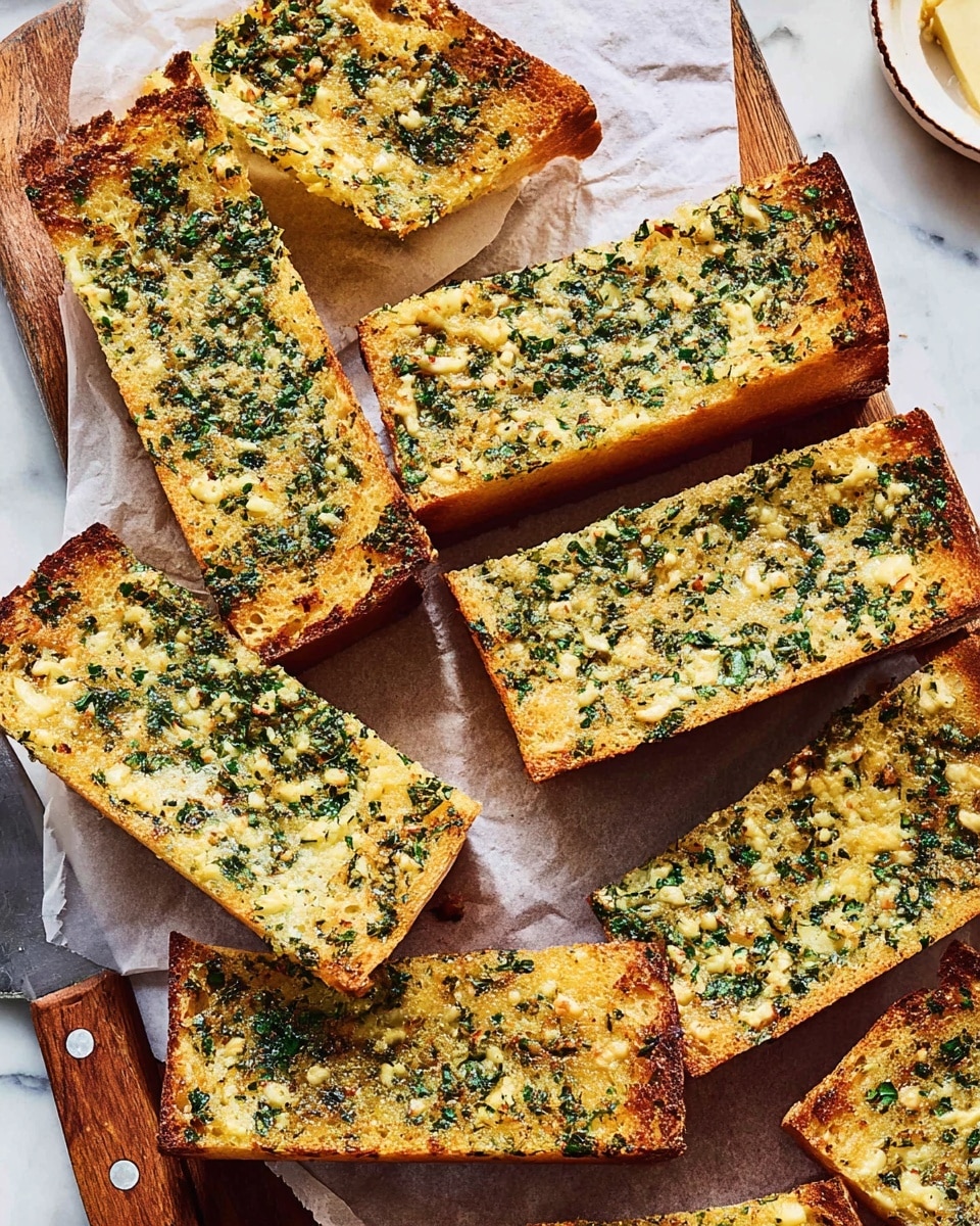 The image shows multiple rectangular slices of toasted garlic bread laid out on white parchment paper on a wooden board. Each slice has a thick, golden-brown bottom layer with a crispy texture, and a thick top layer covered with finely chopped green herbs and melted butter that looks slightly crunchy and flavorful. The bread slices are placed close to each other, with some edges cut at an angle and some straight edges. A large silver knife with a wooden handle rests beside the bread on the white marbled surface. The overall look is warm and savory, emphasizing the toasted herb topping texture and thick bread slices photo taken with an iphone --ar 4:5 --v 7