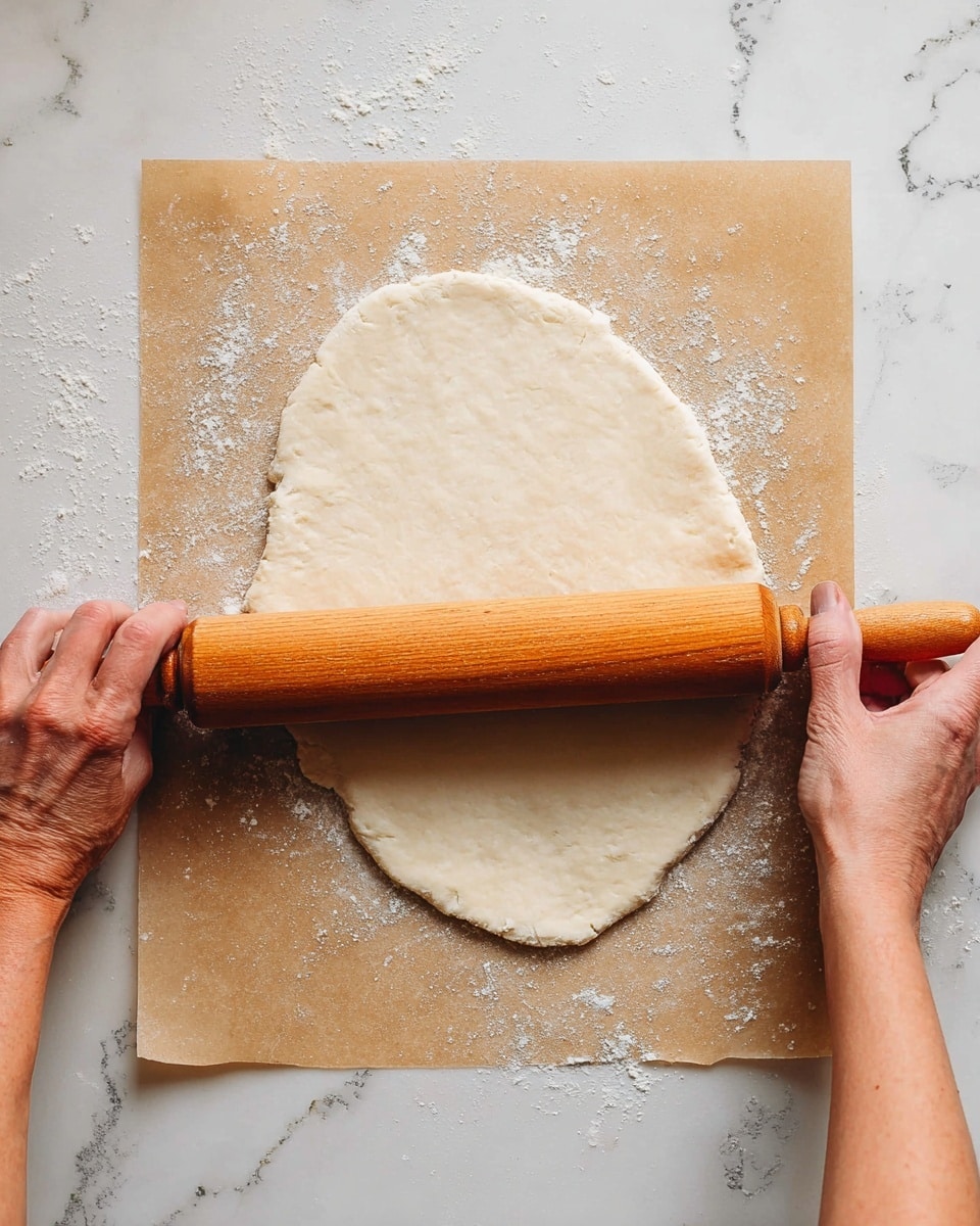 A close-up top view of two woman's hands rolling a flat, pale dough with a smooth wooden rolling pin on a large light brown parchment paper. The dough is spread unevenly in an oval shape, showing a soft texture with some small air bubbles. The background is a white marbled surface with slight grey veins and texture. Photo taken with an iphone --ar 4:5 --v 7