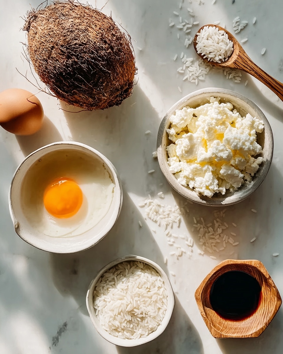 The image shows a top view of several simple cooking ingredients arranged on a white marbled surface. On the left, there is a brown egg next to a small white bowl holding a raw egg with a bright orange yolk centered in clear egg white. Above, there is a white bowl filled with soft, crumbly white cheese. To the right, a small wooden bowl holds a dark brown liquid, likely vanilla extract. Next to it, a small white bowl contains white rice grains with a tiny wooden spoon resting inside, some rice grains scattered around it. Above all, a whole brown coconut is positioned partially cracked open, showing its rough fibrous shell. Natural light creates soft shadows over the scene. Photo taken with an iphone --ar 4:5 --v 7