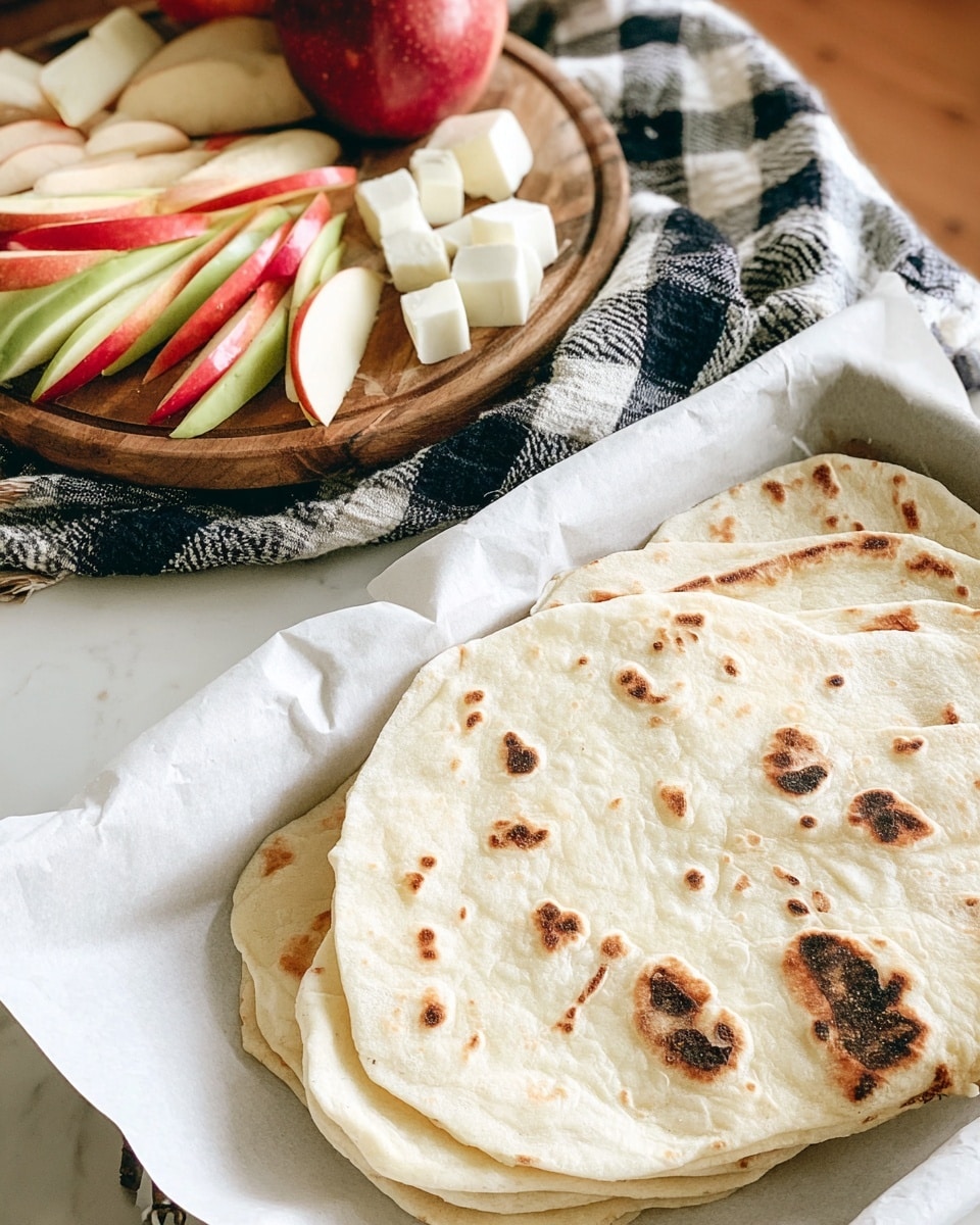 The image shows a white baking tray lined with parchment paper that holds a stack of flatbreads with a light golden-brown color and some toasted darker spots, placed on a white marbled surface. Next to it is a wooden cutting board on top of a black-and-white checkered cloth, with layers of thin apple slices in red and green colors spread out, along with chunks of soft white cheese. The scene has a rustic and fresh look, combining warm tones of bread and wood with the bright colors of apples and cheese. Photo taken with an iphone --ar 4:5 --v 7