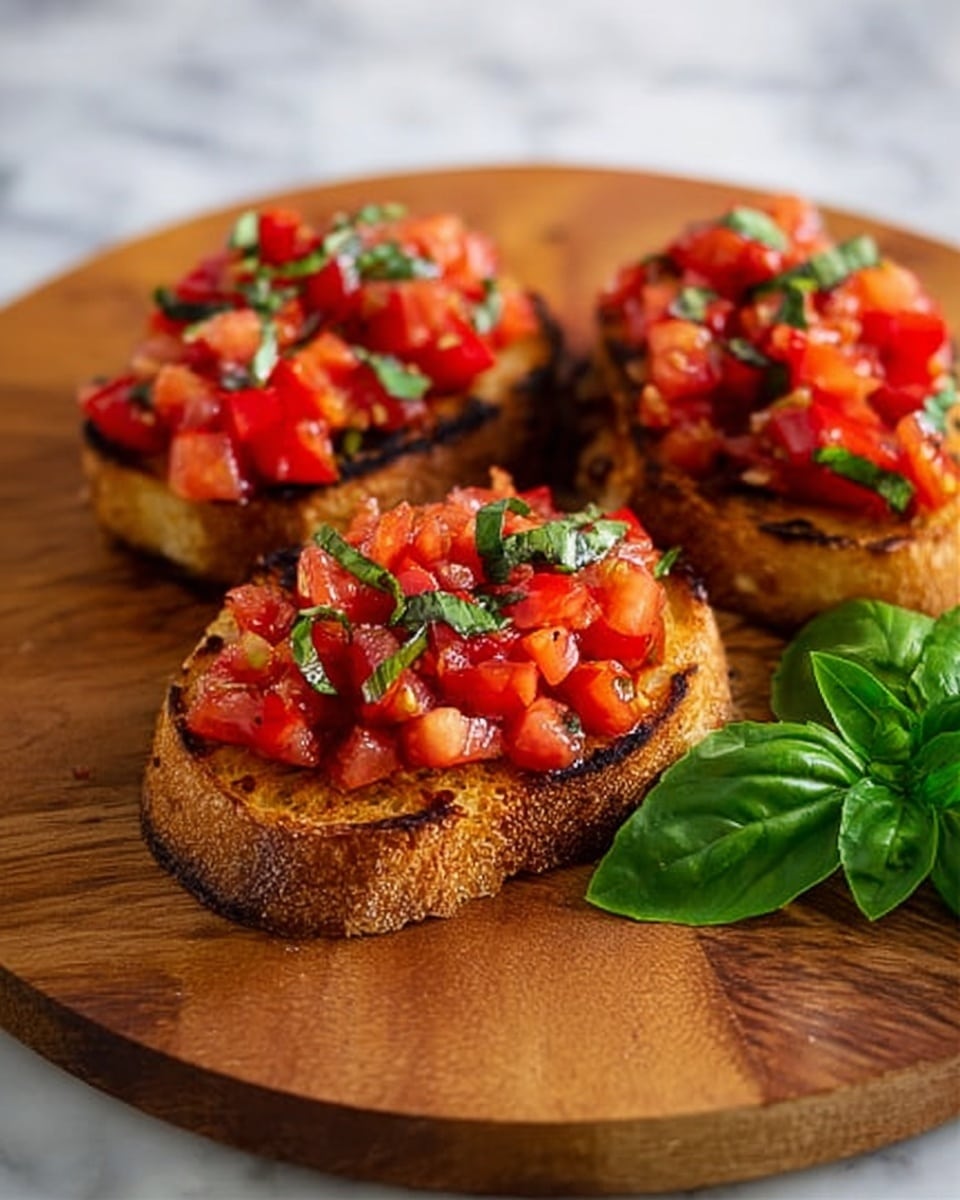 The image shows three pieces of toasted bread placed close together on a round wooden board. Each toast is topped with a bright red tomato mix, featuring small chunks of tomatoes with a hint of green basil leaves scattered among them. The toasted bread has a warm brown color with some darker toasted spots and a rough texture. Fresh green basil leaves are also placed next to the toasts on the wooden board. The background is a white marbled surface. Photo taken with an iphone --ar 4:5 --v 7