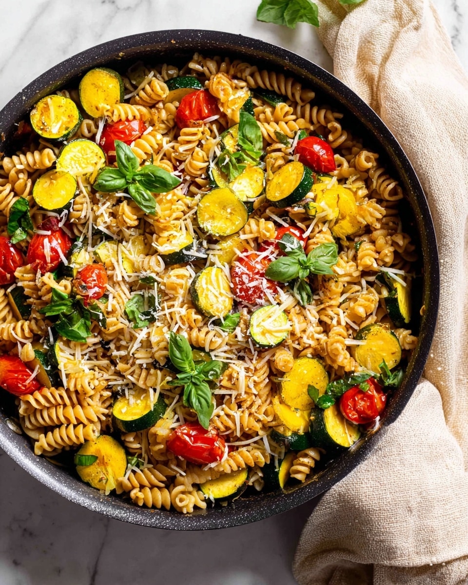 A pan filled with a colorful pasta dish showing three main layers: the first layer is light brown twisted pasta spirals spread evenly across the pan, the second layer is a mix of bright yellow round and quartered squash and dark green quartered zucchini scattered across the pasta, and the third layer is small pieces of red cherry tomatoes and fresh green basil leaves spread on top, finishing with a light sprinkle of shredded white cheese. A beige cloth is partly covering the pan’s edge; the whole setting is on a white marbled surface. Photo taken with an iphone --ar 4:5 --v 7