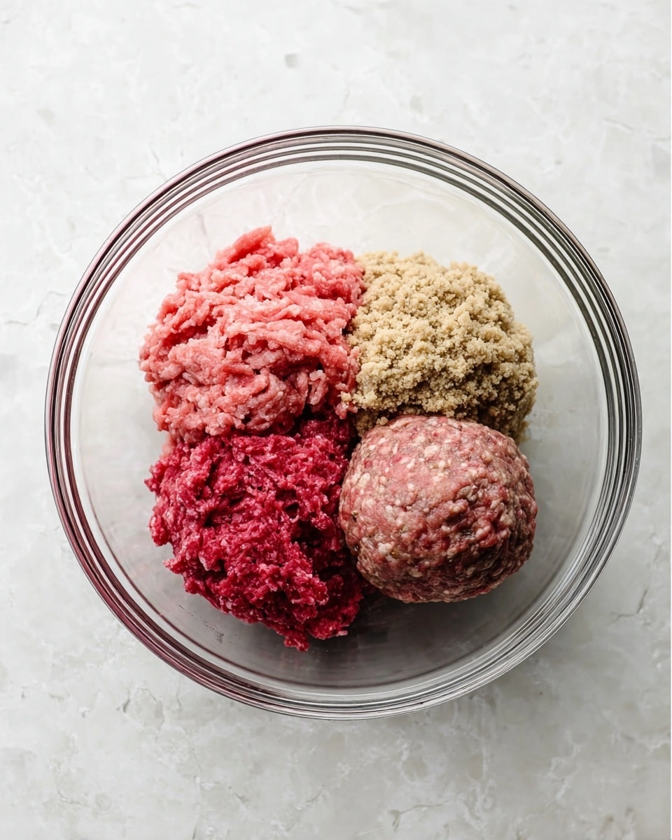 A clear glass bowl on a white marbled texture surface holds three different raw ground meats and a beige crumbly mixture carefully placed in separate sections, showing colors of bright pink, deep red, and light beige. Next to this, the same bowl is shown again filled with a single round ball of mixed raw minced meat, combining the pink, red, and beige hues with a coarse texture throughout. Photo taken with an iphone --ar 4:5 --v 7