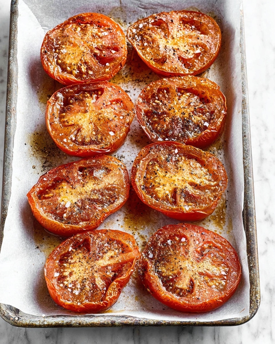 This image shows eight baked tomato halves arranged in three rows on a white parchment paper-lined old metal baking tray. The tomato halves are browned and roasted with a slightly wrinkled texture, sprinkled with black pepper and small salt crystals. Each tomato displays a warm red-orange color with some darker caramelized spots on the edges, and the seeds and inner flesh look soft and juicy. The background is a white marbled texture. Photo taken with an iphone --ar 4:5 --v 7