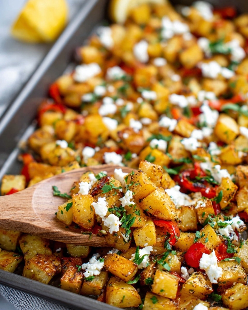 A close-up view of a tray filled with small cubed roasted potatoes that are golden brown with some red bell pepper pieces mixed in. The dish is topped with white crumbled cheese and finely chopped green herbs scattered evenly across the potatoes. A wooden spoon is scooping some of the mixture from the tray, with a white marbled surface background and a blurred lemon half visible on the side. Photo taken with an iphone --ar 4:5 --v 7