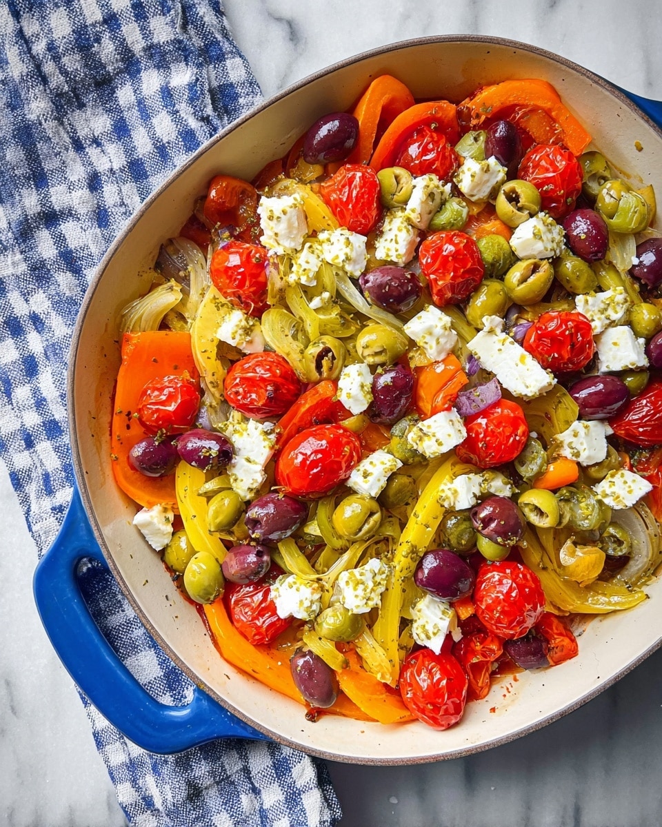 A close-up top view of a cooked vegetable dish in a white pan with a blue inside, resting on a white marbled surface with a checkered cloth underneath; the dish has several layers starting with sliced yellow and orange bell peppers and pieces of cooked onion forming the base, followed by roasted whole cherry tomatoes scattered all over, next, sliced green and purple olives spread throughout, sprinkled with small green capers, and finally topped with uneven dollops of white cheese. photo taken with an iphone --ar 4:5 --v 7