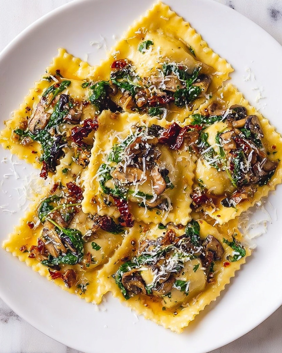 A white marbled surface holds a large silver pan filled with a mixture of five square ravioli pieces topped with dark green wilted spinach leaves and browned chopped mushrooms. The ravioli are light yellow with slightly ruffled edges, scattered with small green capers and bits of dark red dried tomatoes. The mushrooms are in small, uneven pieces, adding texture among the ravioli and spinach, all coated in a light, glossy sauce with dotted black pepper and herbs. Photo taken with an iphone --ar 4:5 --v 7