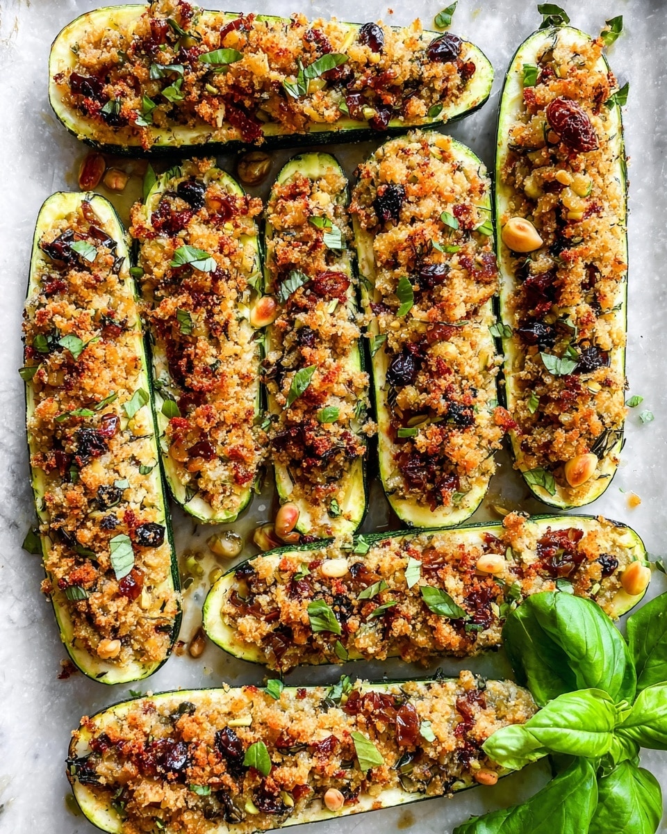 Six stuffed zucchini boats are arranged side by side on a white marbled baking tray. Each zucchini is sliced in half lengthwise, hollowed, and filled with a thick, crumbly stuffing layer made of golden-brown breadcrumbs, chopped dark olives, pine nuts, sun-dried tomatoes, fresh herbs, and bits of light-colored vegetables or nuts. The stuffing has a crispy texture on top with scattered green herb pieces, and the zucchini flesh is a pale green beneath. The dish is garnished with a fresh bunch of green basil leaves on the bottom right side. The photo is taken with an iphone --ar 4:5 --v 7
