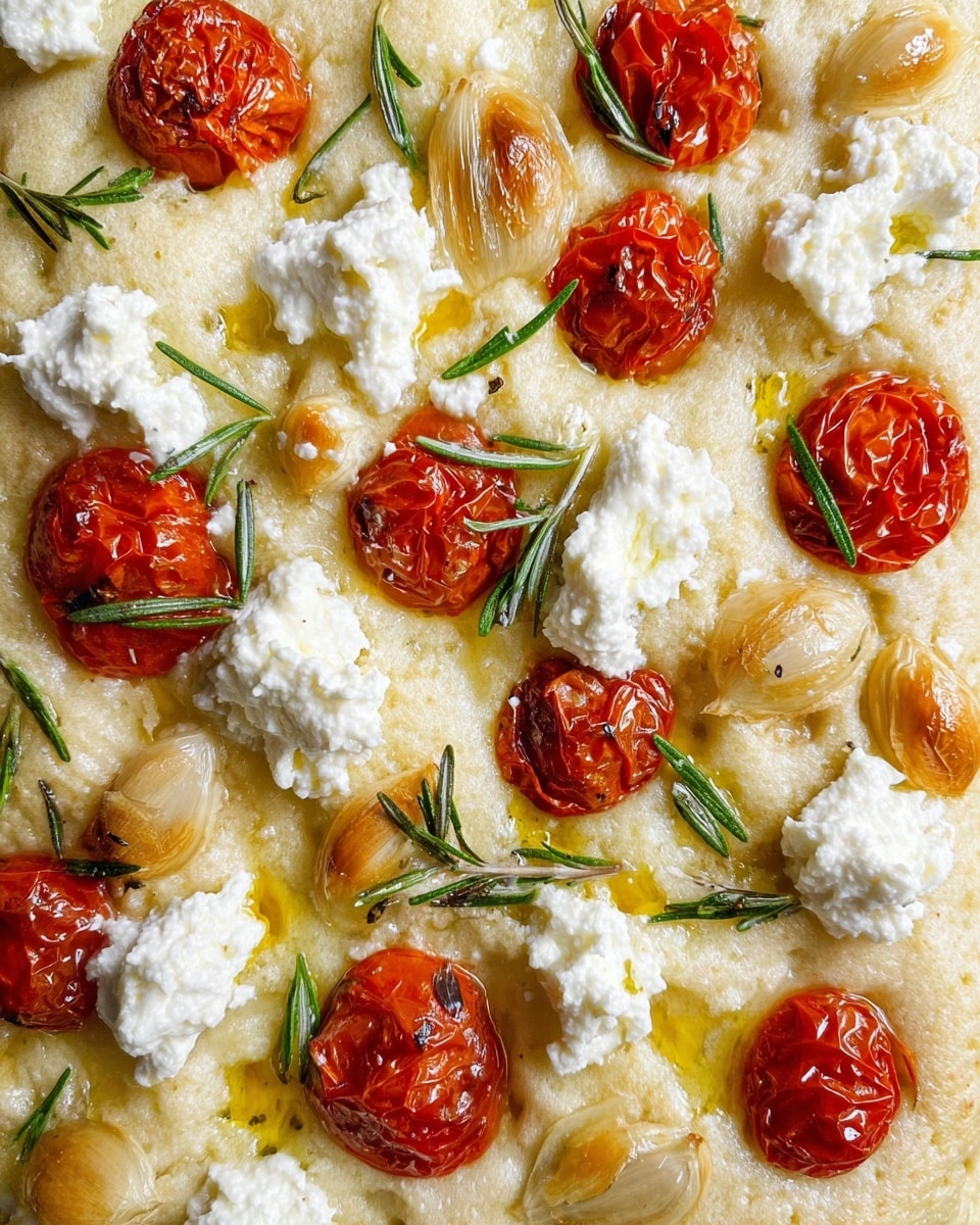 This image shows a close-up of a focaccia bread with a textured creamy light beige dough as the base layer, dotted with glossy roasted red cherry tomatoes and golden-brown roasted garlic cloves scattered across the surface. White dollops of soft ricotta cheese sit unevenly on top, adding a fluffy texture, while bright green rosemary sprigs are sprinkled throughout, resting delicately on the other ingredients. The whole dish shines with a light coating of olive oil that pools slightly around the toppings. The dish is set on a white marbled textured surface. photo taken with an iphone --ar 4:5 --v 7