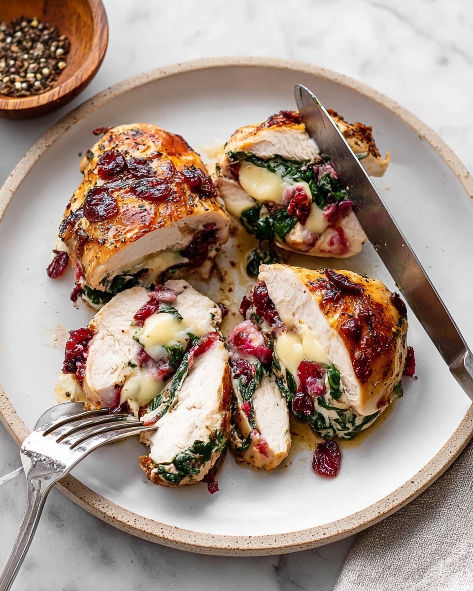 The image shows a white plate with four pieces of cooked chicken filled with three layers inside: bright green spinach leaves, melted light yellow cheese, and red cranberry sauce. The chicken skin on top is browned and slightly crispy. A fork holds one piece while a knife cuts into it, pulling some filling apart. Next to the plate, there is a wooden bowl with crushed black pepper. The background is a white marbled texture, and the photo looks bright and clear. Photo taken with an iphone --ar 4:5 --v 7