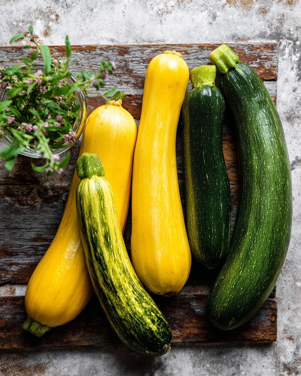 Five fresh zucchini with smooth skins lie side by side on a rustic wooden surface. Two are bright yellow, one is a mix of yellow and green, and two are solid dark green. On the top left near the zucchini, a small glass holds green leafy herbs with tiny purple flowers. The whole scene sits against a white marbled texture background, showing natural textures and colors clearly. Photo taken with an iphone --ar 4:5 --v 7