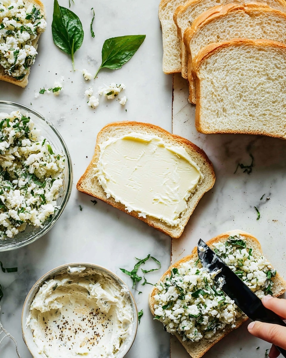 The image shows several slices of white bread arranged on a white marbled surface. One slice is spread with a creamy white layer of butter, while a woman's hand holds a black knife spreading the butter. Another slice next to it is topped with a mix of finely grated white cauliflower and fresh green herbs, creating a textured, leafy layer. Additional slices of plain white bread are stacked on the side. A clear glass bowl filled with the cauliflower and herb mix is placed near the bread, along with a white bowl containing a thick, creamy white spread sprinkled with black pepper. Fresh green leaves are scattered around the scene. Photo taken with an iphone --ar 4:5 --v 7