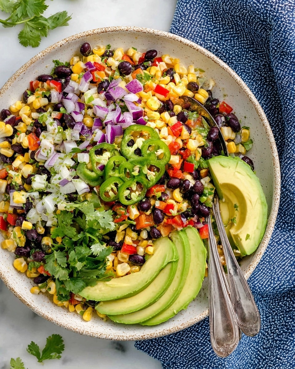 A large round white speckled plate holds a colorful layered salad. The bottom layer is made of small yellow corn kernels mixed with black beans scattered throughout. On top, there's a mix of finely chopped red bell pepper, purple onion, and green jalapeno slices spread evenly. Several bright green cilantro leaves are placed on top around the plate. On one side, there are three slices of light green avocado laying flat. Two silver spoons rest on the plate’s edge. The plate sits on a white marbled surface with a blue textured cloth nearby. Photo taken with an iphone --ar 4:5 --v 7
