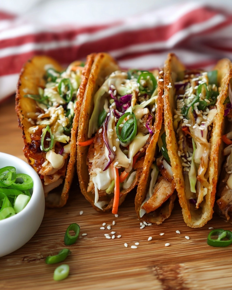 Four crispy golden-brown taco shells stand upright on a wooden surface with a white marbled texture underneath. Each taco is filled with several layers: the bottom layer is cooked light brown chicken pieces, topped with thin strips of white and purple cabbage, with some shredded carrots visible. Green herbs and sliced green onions are sprinkled inside for color, along with a drizzle of light creamy sauce and a darker sauce on top. White sesame seeds are scattered on the tacos and around the surface. To the left side, a white bowl holds sliced green onions, all set against a soft white background with a red-striped cloth blurred in the distance. Photo taken with an iphone --ar 4:5 --v 7