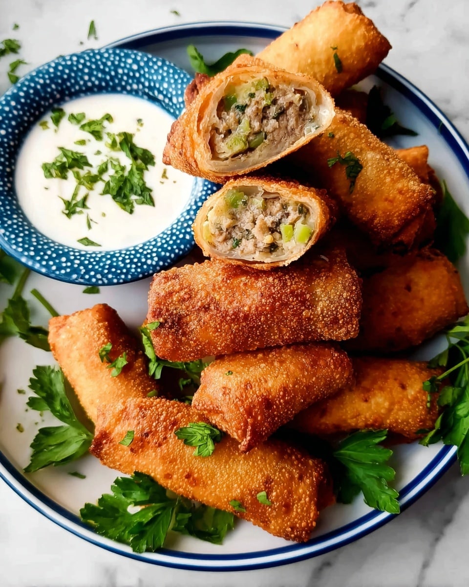 The image shows a white plate with a blue rim filled with several golden-brown crispy rolls stacked unevenly. Two rolls are cut open, revealing a filling of light brown meat mixed with green vegetables, giving a textured look inside. Next to the rolls is a blue bowl with white polka dots containing a creamy white sauce topped with green parsley leaves. Additional parsley leaves are placed around the rolls on the plate, all set on a white marbled surface that brightens the scene. Photo taken with an iphone --ar 4:5 --v 7