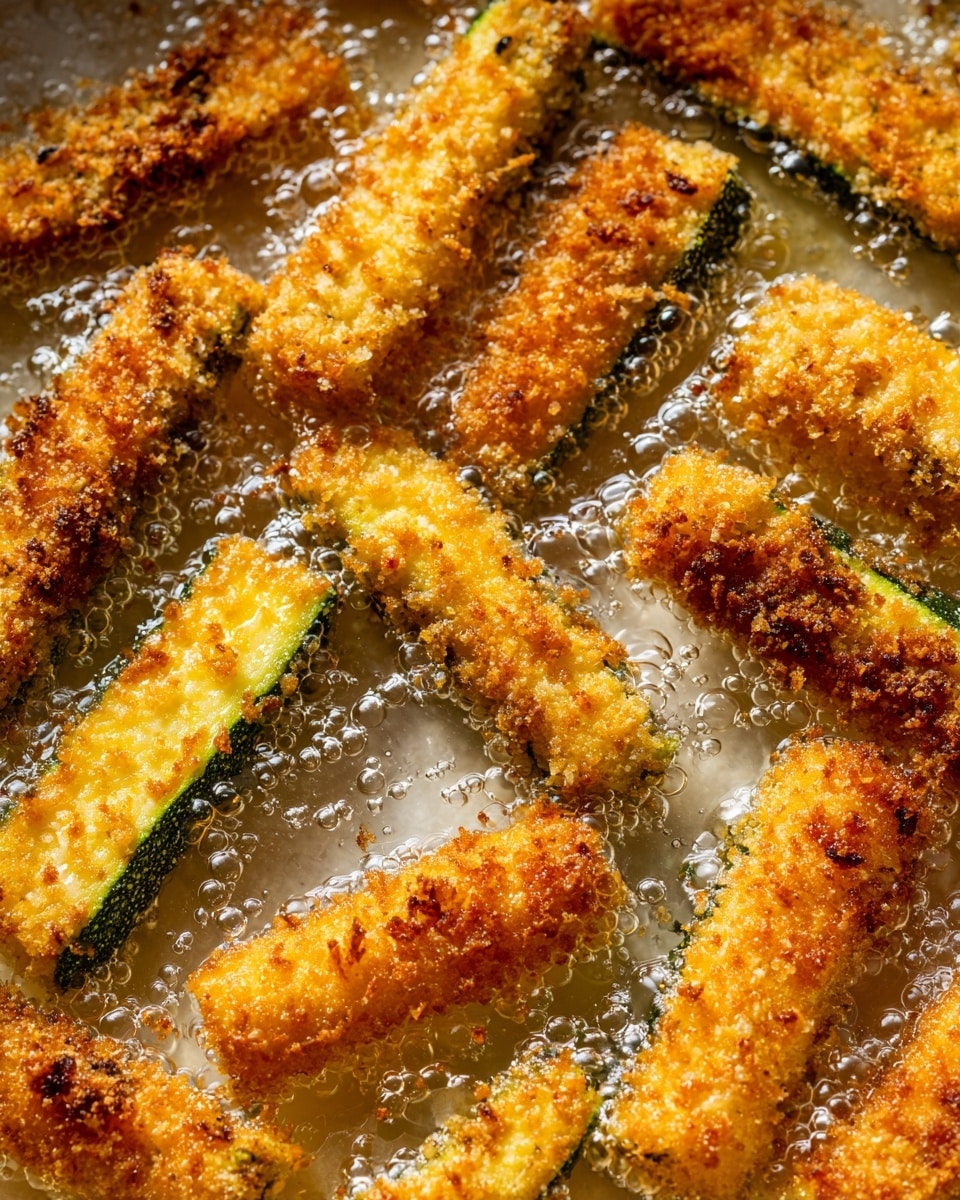 The image shows many golden brown, crispy fried zucchini sticks frying in hot oil. Each zucchini stick is coated with a crunchy, coarse breadcrumb layer that is deep yellow with some darker toasted spots, and the green zucchini skin peeks through on the sides. The oil is bubbling actively around the sticks, shining with small, bright reflections that highlight the frying process. The close-up view emphasizes the texture of the crispy coating and the soft, juicy inside of the zucchini. The background has a white marbled texture. photo taken with an iphone --ar 4:5 --v 7