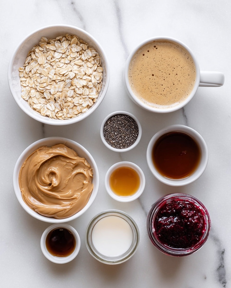 The image shows a top view of seven small bowls and jars arranged on a white marbled surface. The largest bowl contains light tan oatmeal flakes, showing a dry and flat texture. Next to it, a white cup holds a frothy, light brown coffee with a creamy swirl on top. Below the oatmeal, a white bowl has smooth, light brown peanut butter with a slightly swirled surface. In the middle, a small white bowl holds dark chia seeds, rough in texture. Nearby is a tiny white bowl with amber-colored liquid, likely honey, and another small bowl with thicker dark brown liquid, possibly vanilla extract. At the bottom, a white jar filled with smooth white milk and next to it, a small glass jar reveals dark red berry jam with a shiny, thick surface. All items are placed neatly with clear color and texture contrast photo taken with an iphone --ar 4:5 --v 7