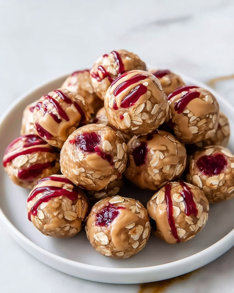 A white plate is filled with many small round balls that have a smooth light brown surface. Each ball is decorated with scattered oat flakes attached on the outside, giving a rough texture. Bright red syrup is drizzled on top of some balls, creating shiny, thin streaks that contrast with the light brown. The plate sits on a white marbled surface with subtle golden veins. The balls are piled closely together, showing their round shape and different angles clearly. Photo taken with an iphone --ar 4:5 --v 7