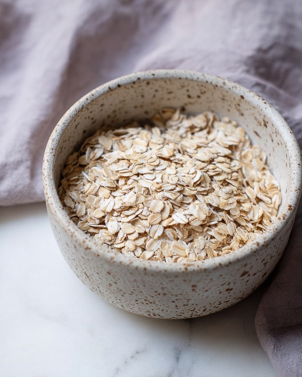 A close-up view of a round, speckled ceramic bowl filled with dry light beige rolled oats. The bowl has a rough texture with small brown specks all over its light surface. The oats show rolled, flat, and layered grains with a matte finish, filling the bowl almost to the top. The bowl is placed on a white marbled surface. In the background, there is a soft, light lavender cloth that is slightly wrinkled. The lighting is soft and natural, highlighting the texture and softness of the oats and bowl. photo taken with an iphone --ar 4:5 --v 7
