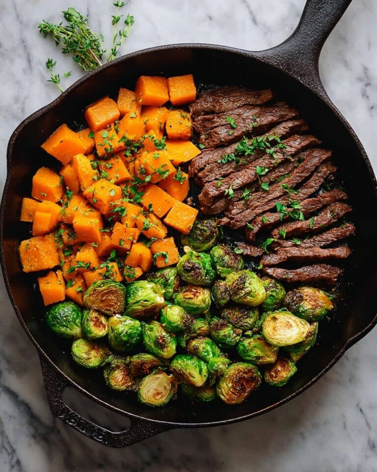 Roasted Butternut Squash, Brussels Sprouts, and Flank Steak Dinner Recipe