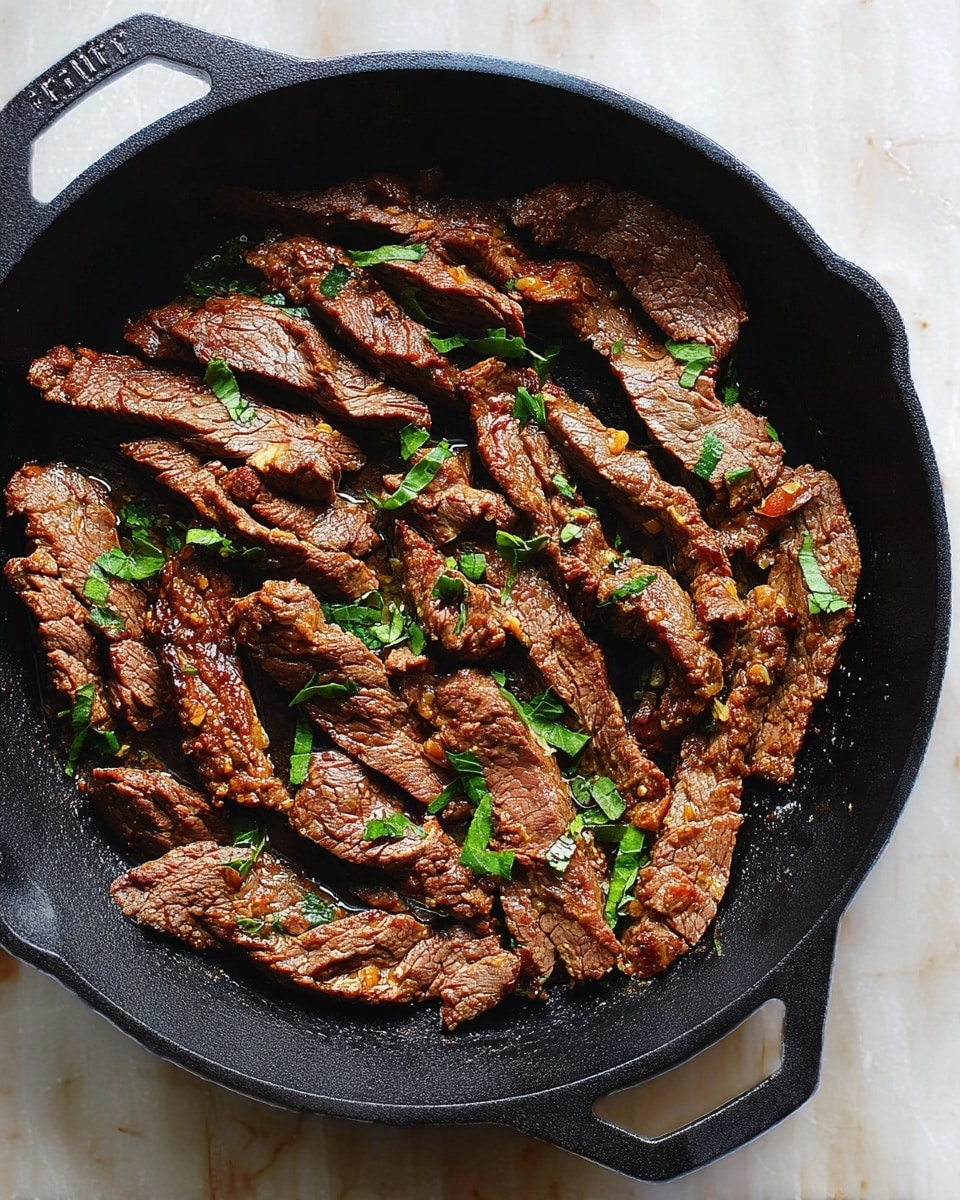 The image shows a black cast iron pan filled with many slices of cooked beef strips, browned and slightly textured, laid out flat and overlapping each other. Small green herb leaves are scattered on top of the beef, adding a fresh pop of color. The pan is set on a white marbled surface that contrasts with the dark pan and meat. Photo taken with an iphone --ar 4:5 --v 7