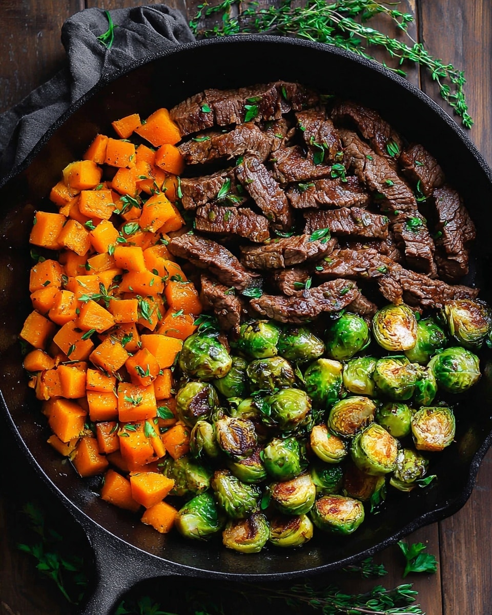 A black cast iron pan contains three sections of food arranged in rows: the top right has medium brown cooked beef strips with a glossy texture, sprinkled with small green herb leaves. The bottom right holds shiny, roasted Brussels sprouts with a mix of dark green and light green colors, some showing slight browning spots. The left side features small orange cubes of roasted butternut squash with a slightly crisp look, also topped with green herb leaves. The pan is set on a dark wooden surface with some fresh herb sprigs around it. photo taken with an iphone --ar 4:5 --v 7